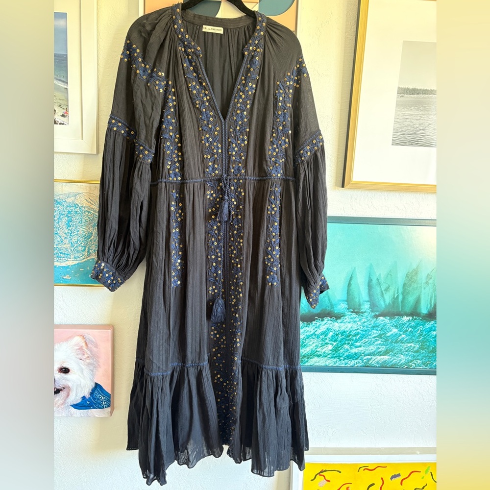 Ulla Johnson Blue Embroidered Long Sleeve folk Midi Dress